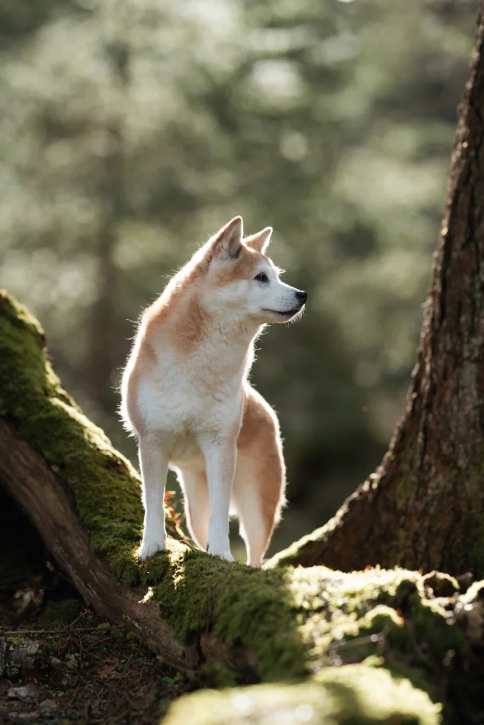 Shiba Inu, japanischer Hund im Wald zwischen zwei Bäumen beim Sonnenaufgang